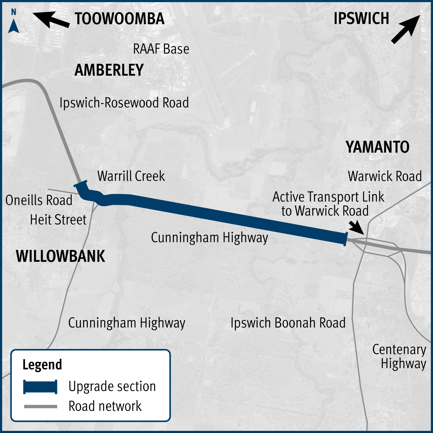 Map showing the location of upgrade of the Cunningham Highway and Ipswich–Rosewood Road intersection in Amberley, currently in planning phase.