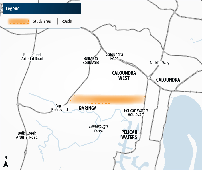 East West Link Aura Boulevard to Pelican Waters Boulevard location map