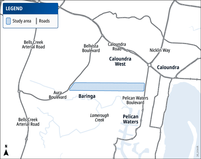 East West Link Aura Boulevard to Pelican Waters Boulevard location map
