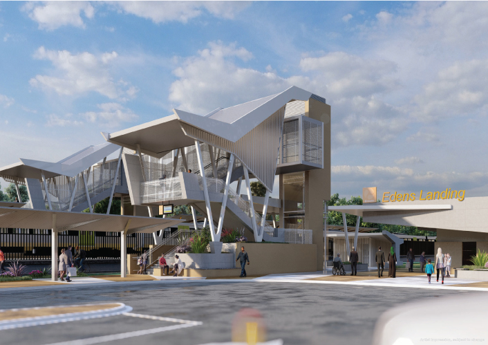 Artist impression of Edens Landing train station from street view showing the street level access with pedestrian bridge. 