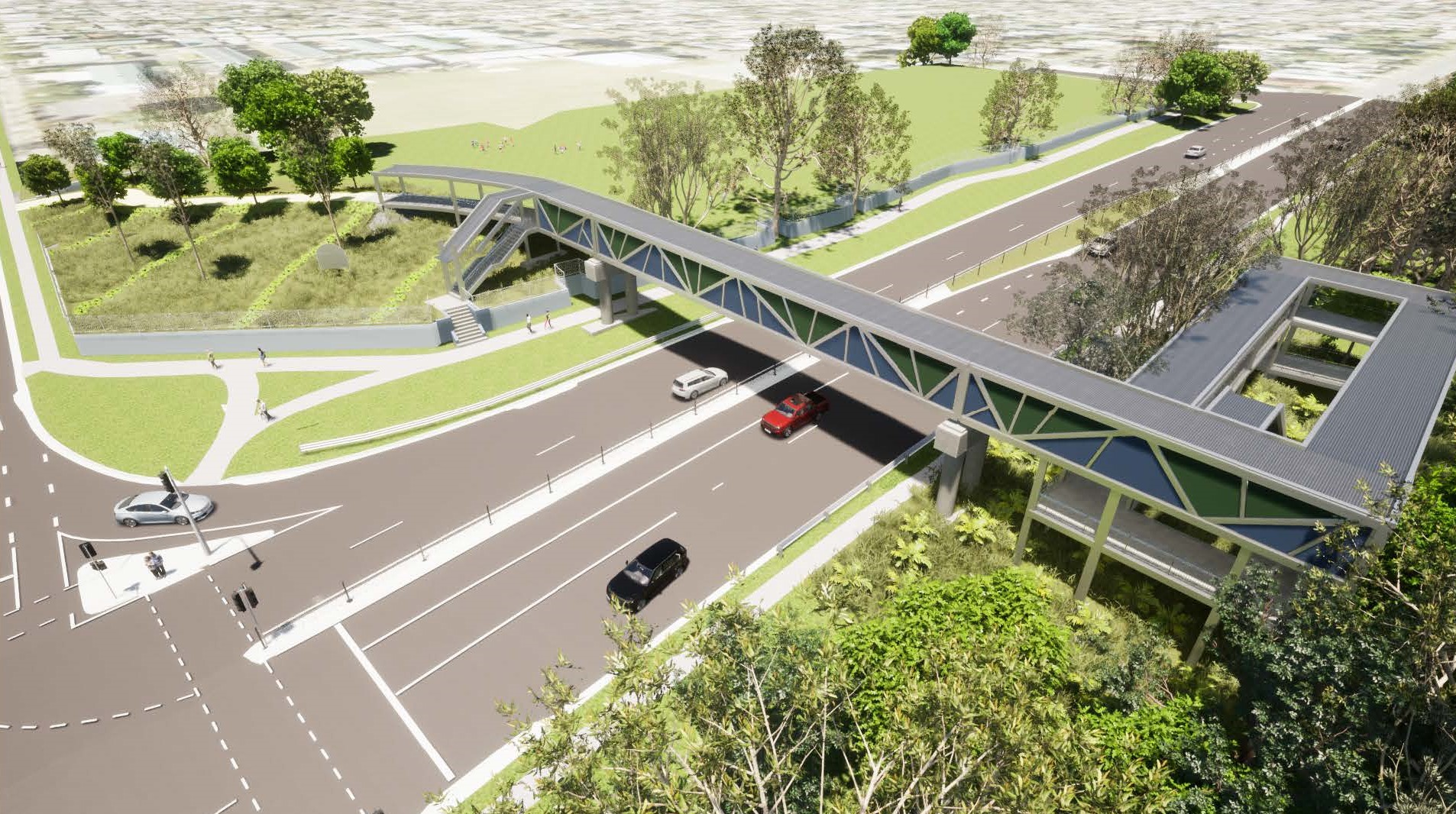 Artist impression of aerial view of pedestrian overpass from northwestern position showing overpass, ramps, stairs, pedestrian fencing and paths