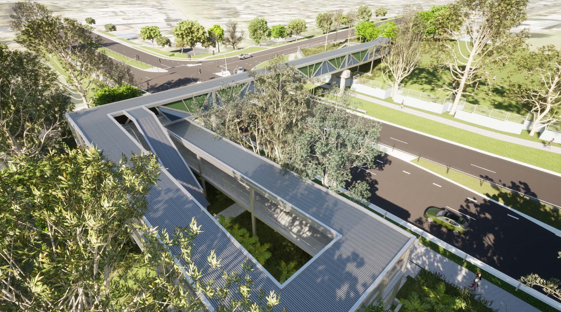 Artist impression of aerial view of pedestrian overpass from southwestern position showing overpass, ramps, stairs, pedestrian fencing and paths.
