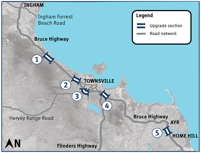 Bruce Highway roadworks marked on a project location map which may impact travel between Home Hill and Ingham. 