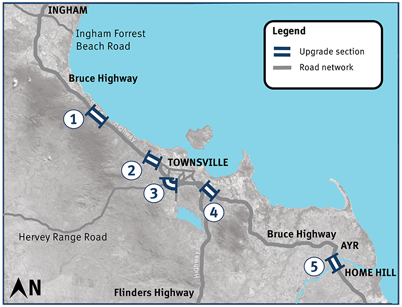 Bruce Highway roadworks marked on a project location map which may impact travel between Home Hill and Ingham.