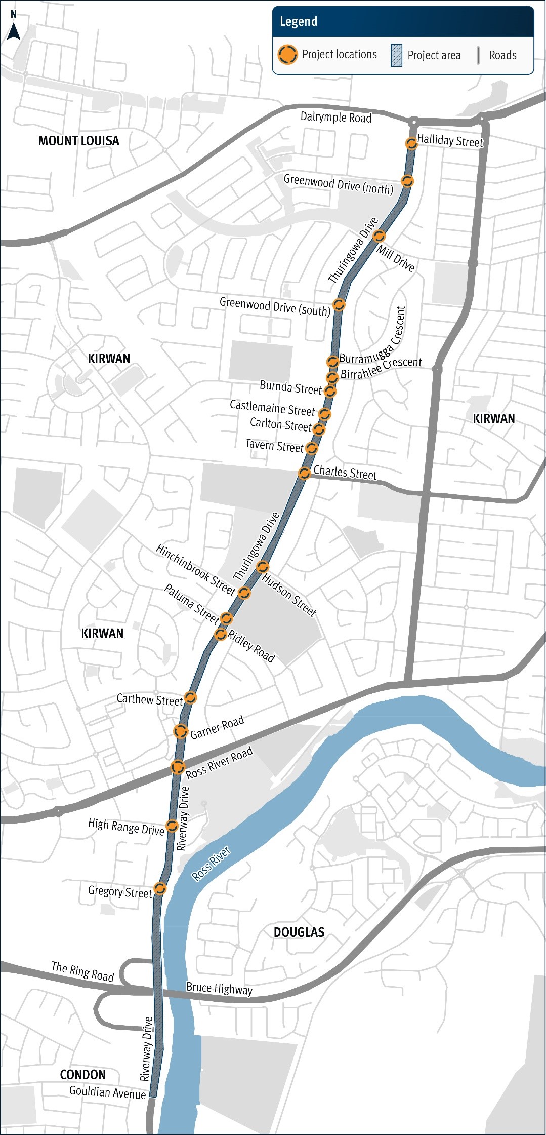 Map showing the locations for safety improvement works across Garbutt – Upper Ross Road (locally known as Thuringowa Drive and Riverway Drive) from the Halliday Street/Thuringowa Drive intersection to Gouldian Avenue/Riverway Drive intersection.