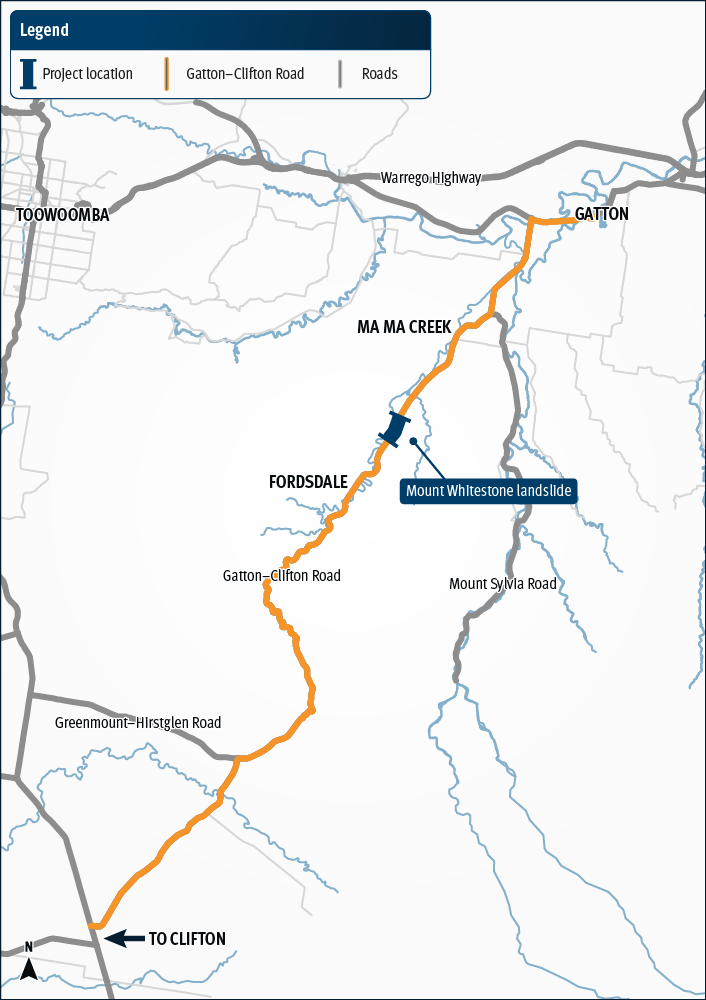Map of Gatton–Clifton Road. The road is highlighted between Gatton and the New England Highway. The project area location is indicated on Gatton–Clifton Road at Mount Whitestone. Localities displayed in this map include Gatton, Ma Ma Creek, Fordsdale, Mount Whitestone landslide area, Mount Sylvia Road and Greenmount–Hirstglen Road.