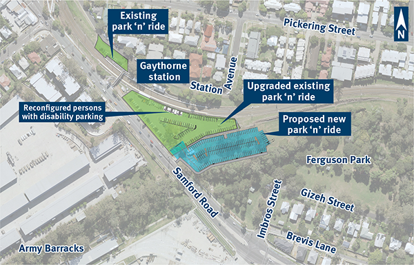 Thumbnail of map showing the proposed expansion of parking facilities at Gaythorne train station park 'n' ride