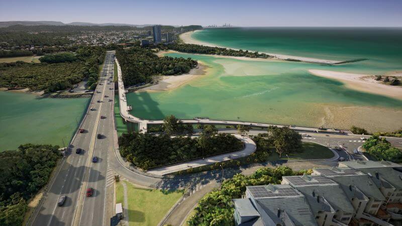 Aerial view looking north from Currumbin over Currumbin Creek at existing Currumbin Creek Estuary Bridge/Gold Coast Highway (left) and proposed Active Transport Bridge (right). Subject to change.