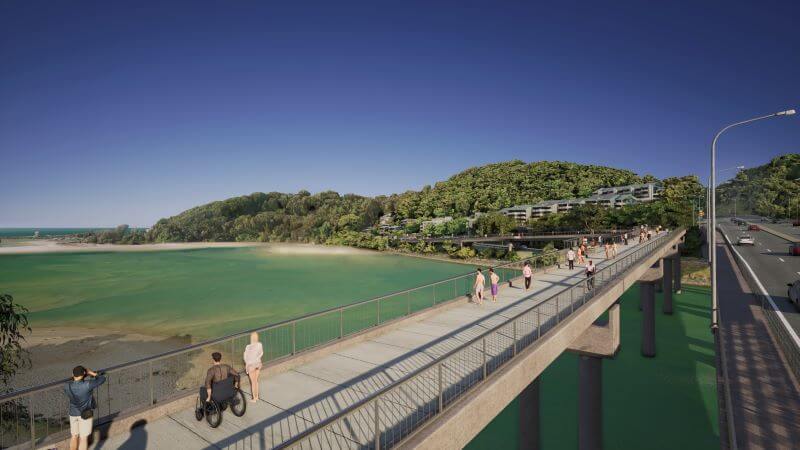 Looking south from Palm Beach at the proposed Active Transport Bridge crossing Currumbin Creek to Currumbin. Opportunities to provide viewing and rest areas (potentially with shading).