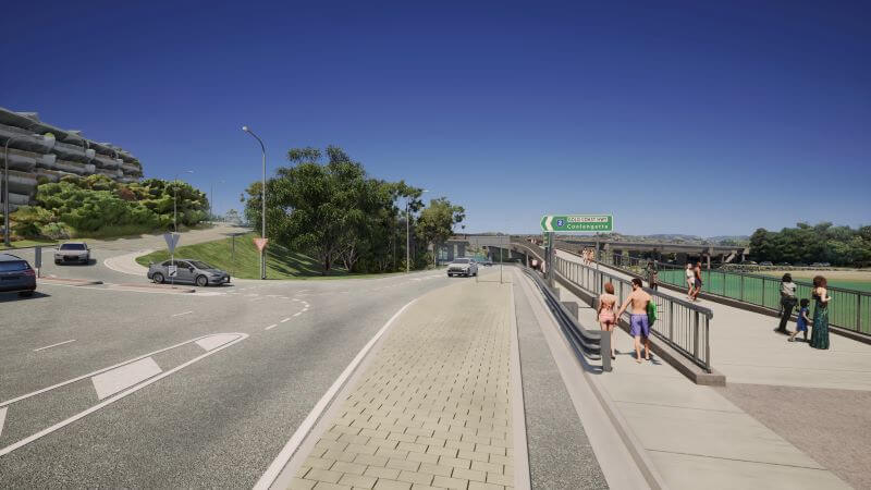 Facing west down Duringan Street, Currumbin, looking towards proposed Currumbin Creek Active Transport Bridge.