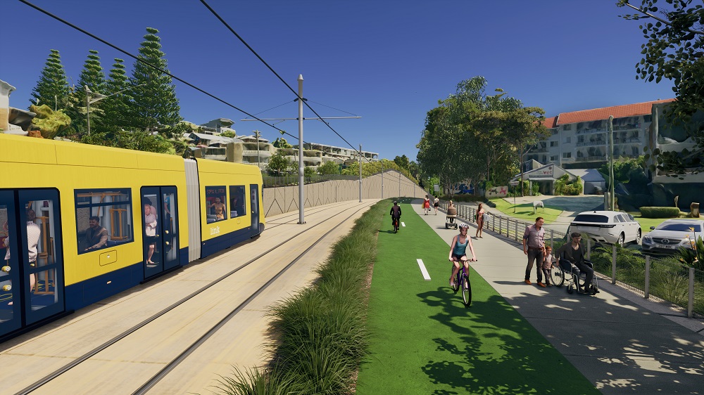 Artist impression of tram alongside bicycle and walkway paths. 