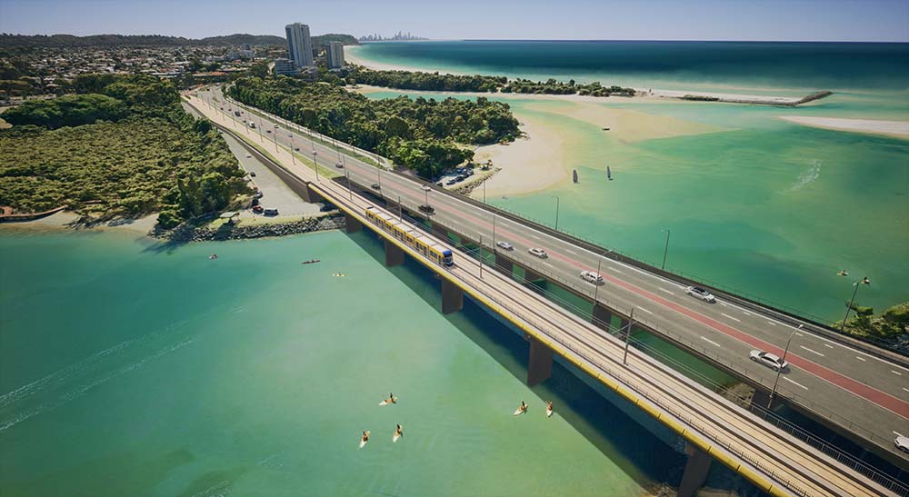 Overpass for the tram line over large body of water at Currumbin Creek