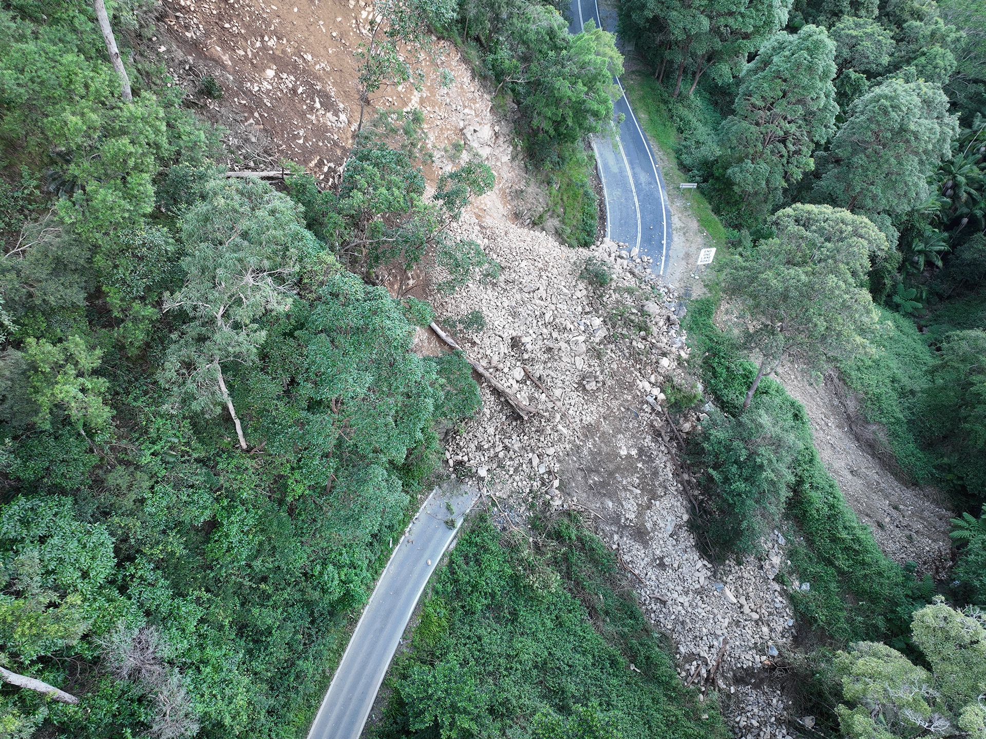 Aerial view of Gold Coast-Springbrook Road major slip site