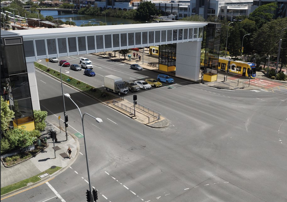 Pedestrian bridge over a road.