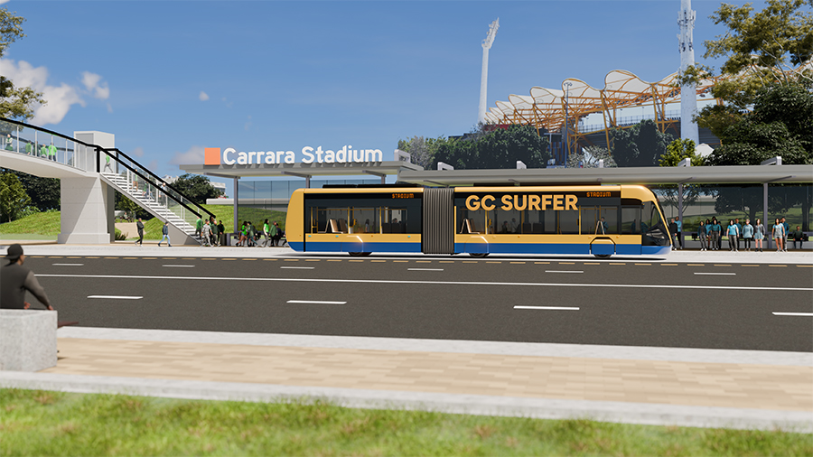 Bus marked 'GC Surfer' stopped outside Carrara Stadium.