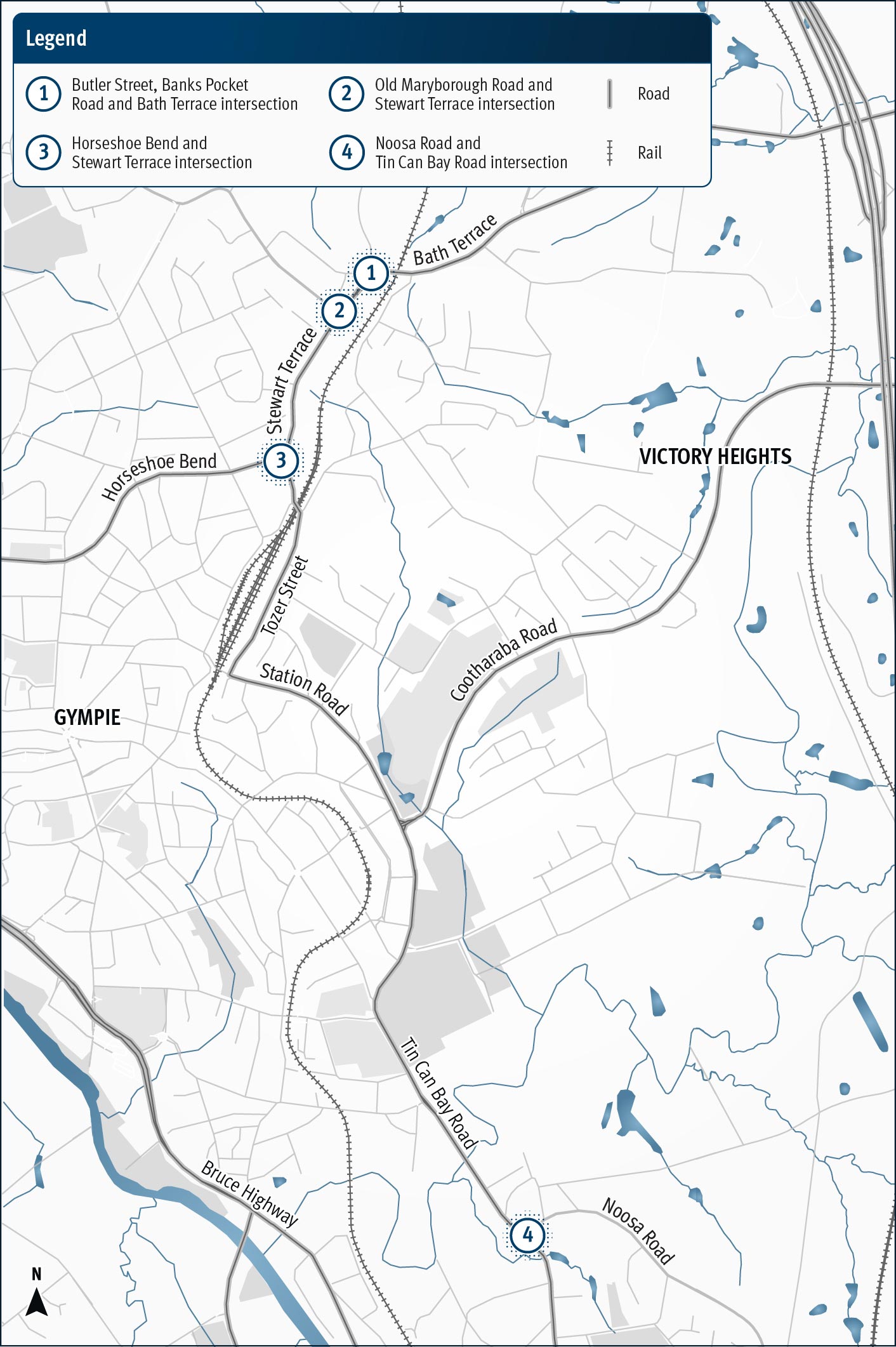 The map shows three separate locations on Gympie Connection Road and the Noosa Road and Brisbane Road intersection where planning is underway for intersection upgrades