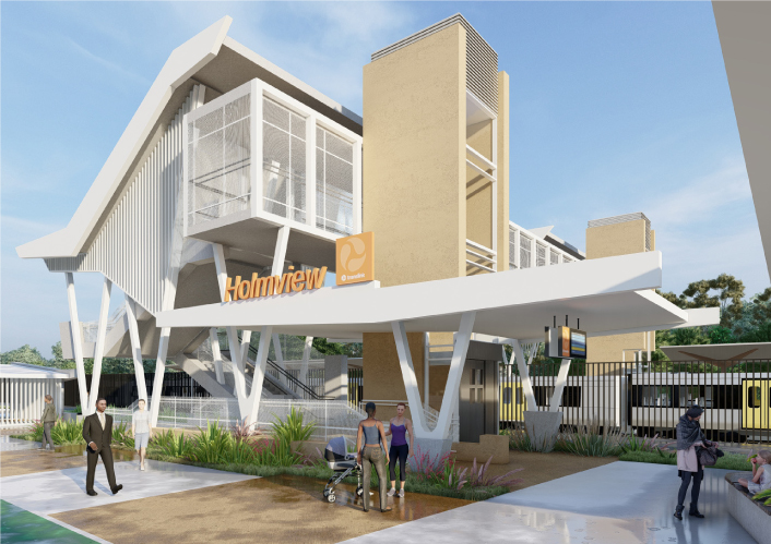 Artist impression of the Holmview train station from street view looking at the new station entrance.