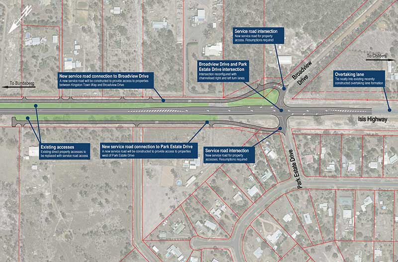 map of new Service Road accesses, Broadview Drive and Park Estate Drive intersection upgrades and Isis Highway safety upgrades