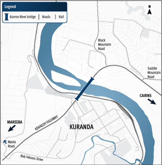 Map showing location of Kennedy Highway (Cairns - Mareeba), Barron River bridge (Kuranda) replacement project.