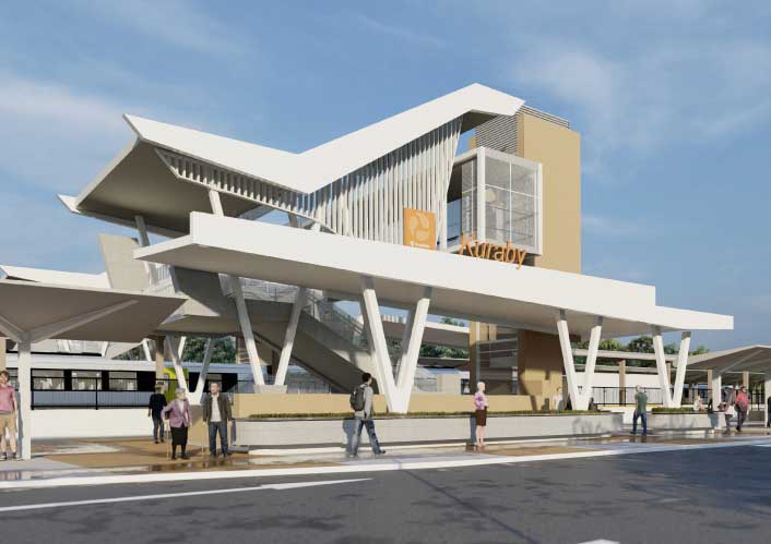 Artist impression of how the upgraded Kuraby train station will look. The image shows the the new Kuraby entrance from street view with a train pulled into the station. 