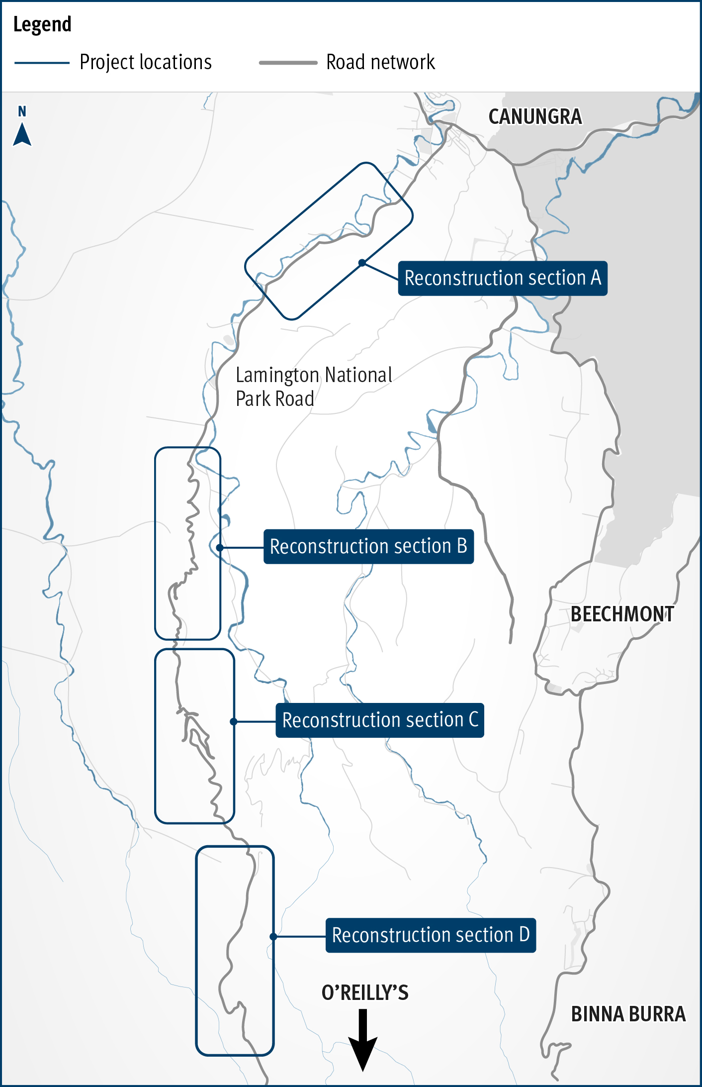 Lamington National Park Road Disaster Recovery Funding Arrangements reconstruction works location map showing 4 sections of work to be completed