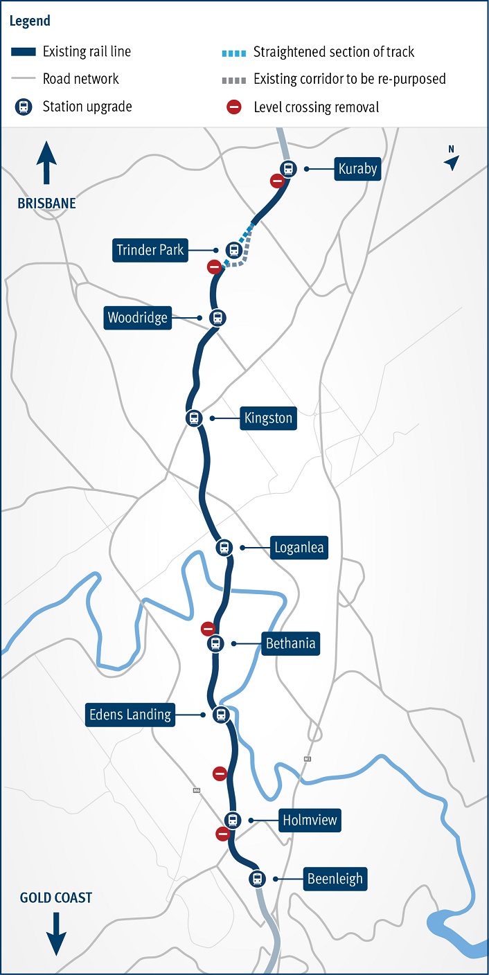 Map details the train line from Beenleigh to Kuraby