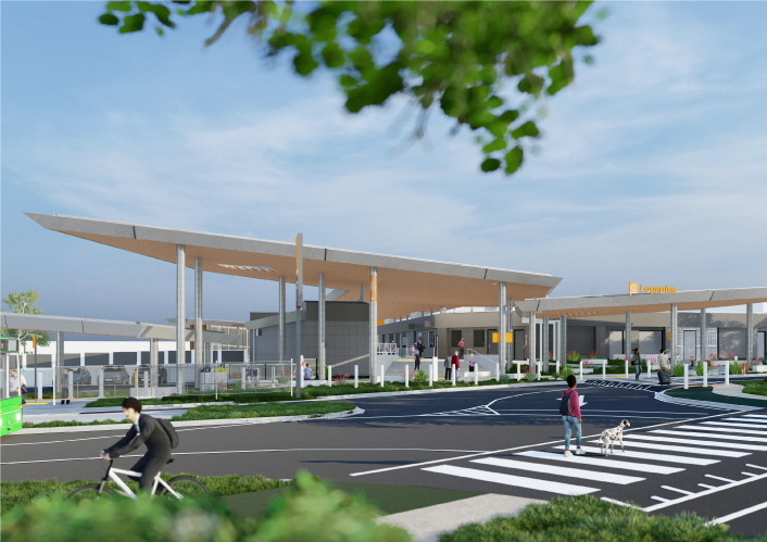 Artist impression of the proposed upgraded Loganlea station. Image is looking from Station Road and shows the new wider underpass with people out the front of the new station building and trains pulled up at the platforms.
