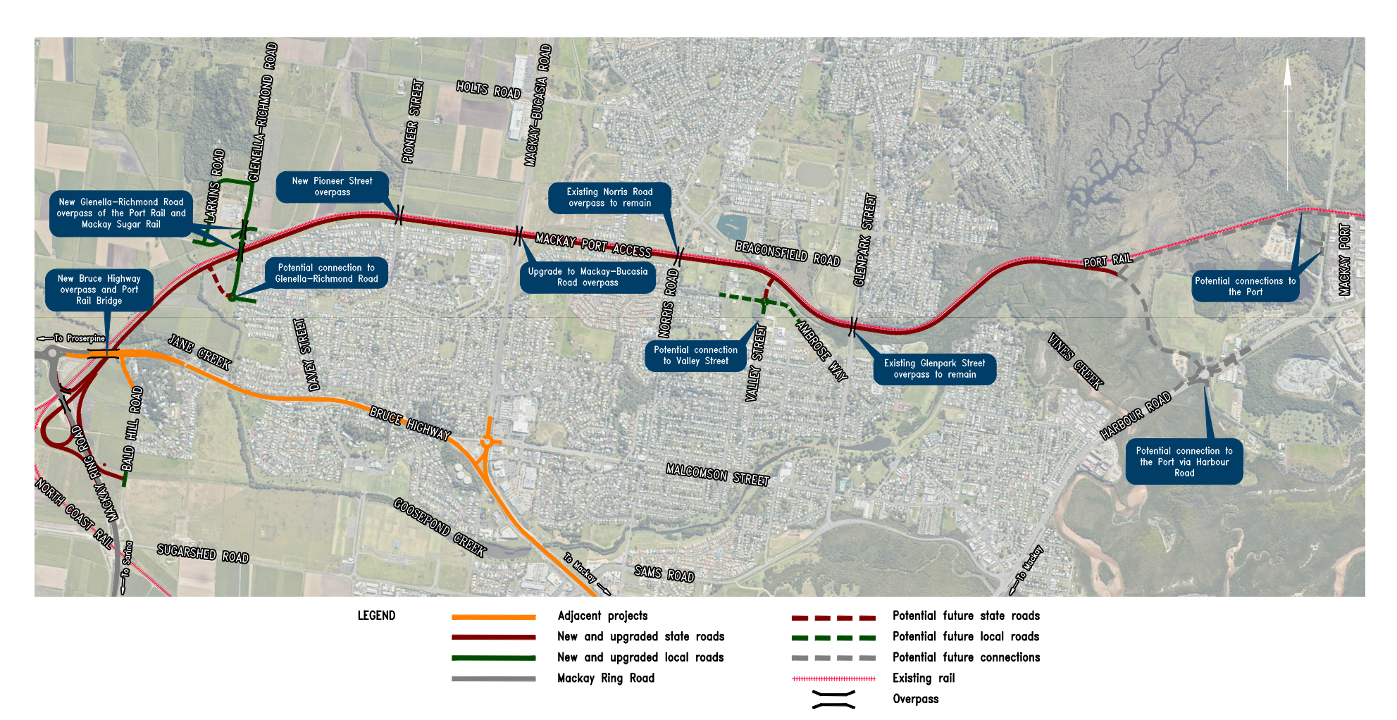 map of proposed works for Mackay Port Access Bruce Highway to Mackay Slade Point Road construct new 2 lane road.