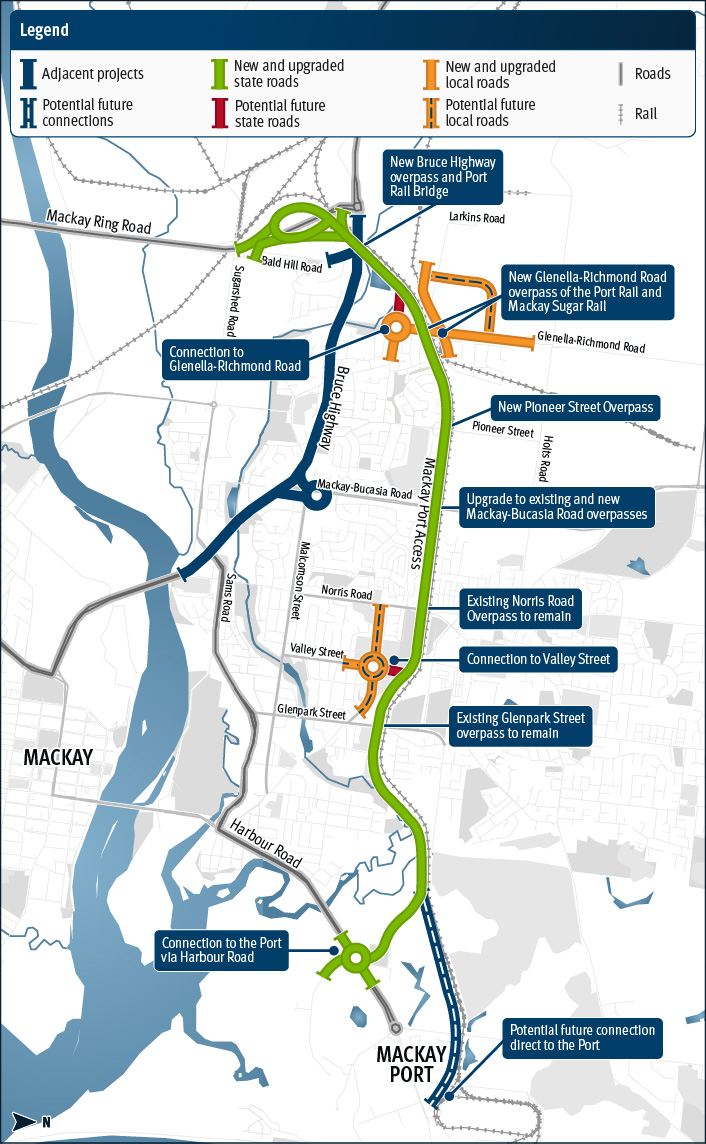 Map of the future Mackay Port Access which will provide a new two-lane access road from the Bruce Highway at Glenella to Mackay-Slade Point Road (Harbour Road) and improve access to the Port of Mackay.