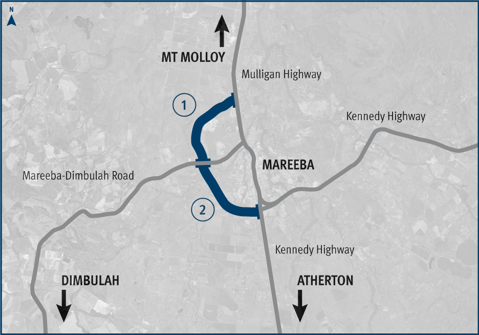 Map showing the location of the northern section of the proposed Mareeba Bypass and southern section of the proposed Mareeba Bypass