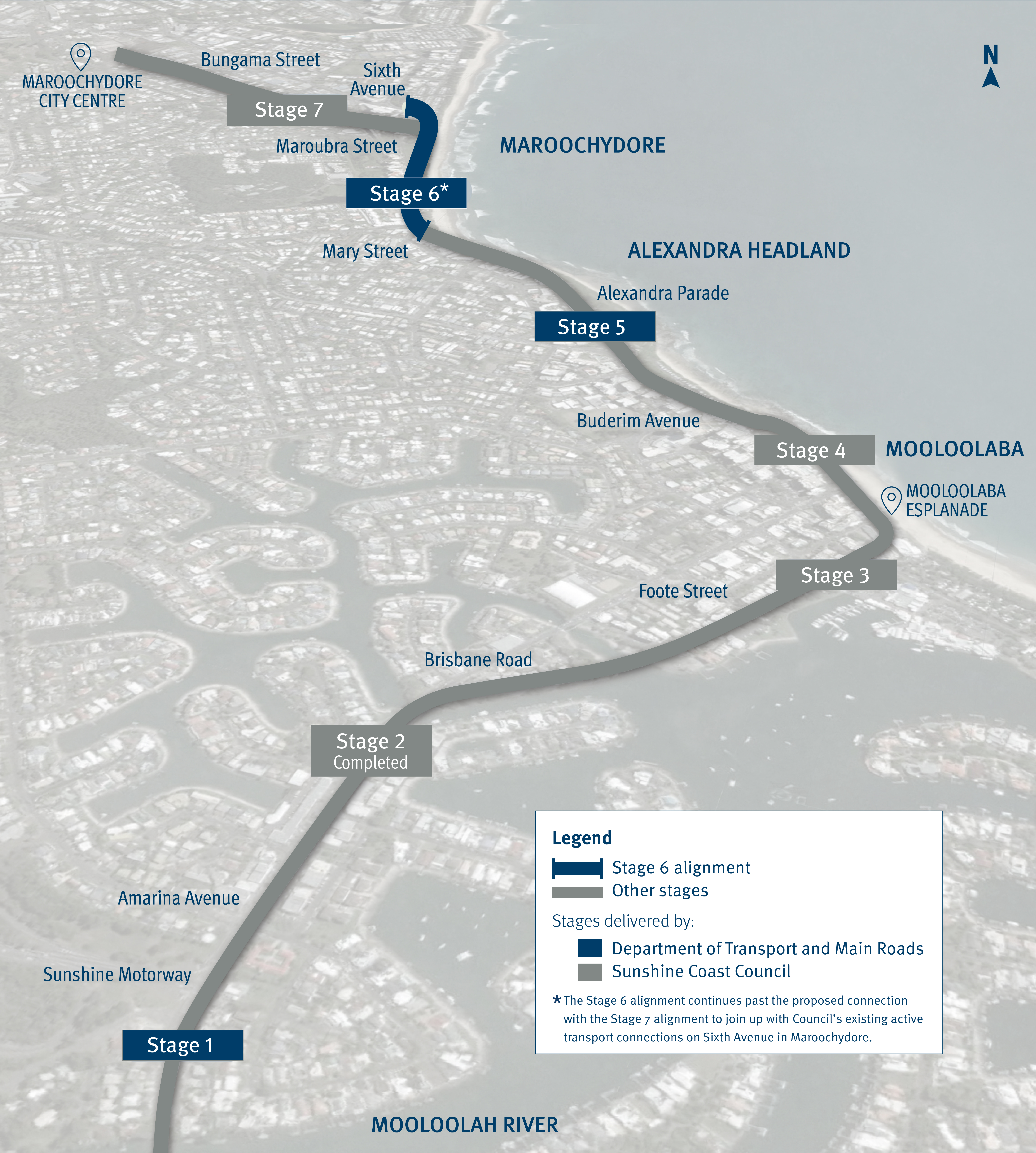 Map showing the proposed alignment for Mooloolaba to Maroochydore Cycleway