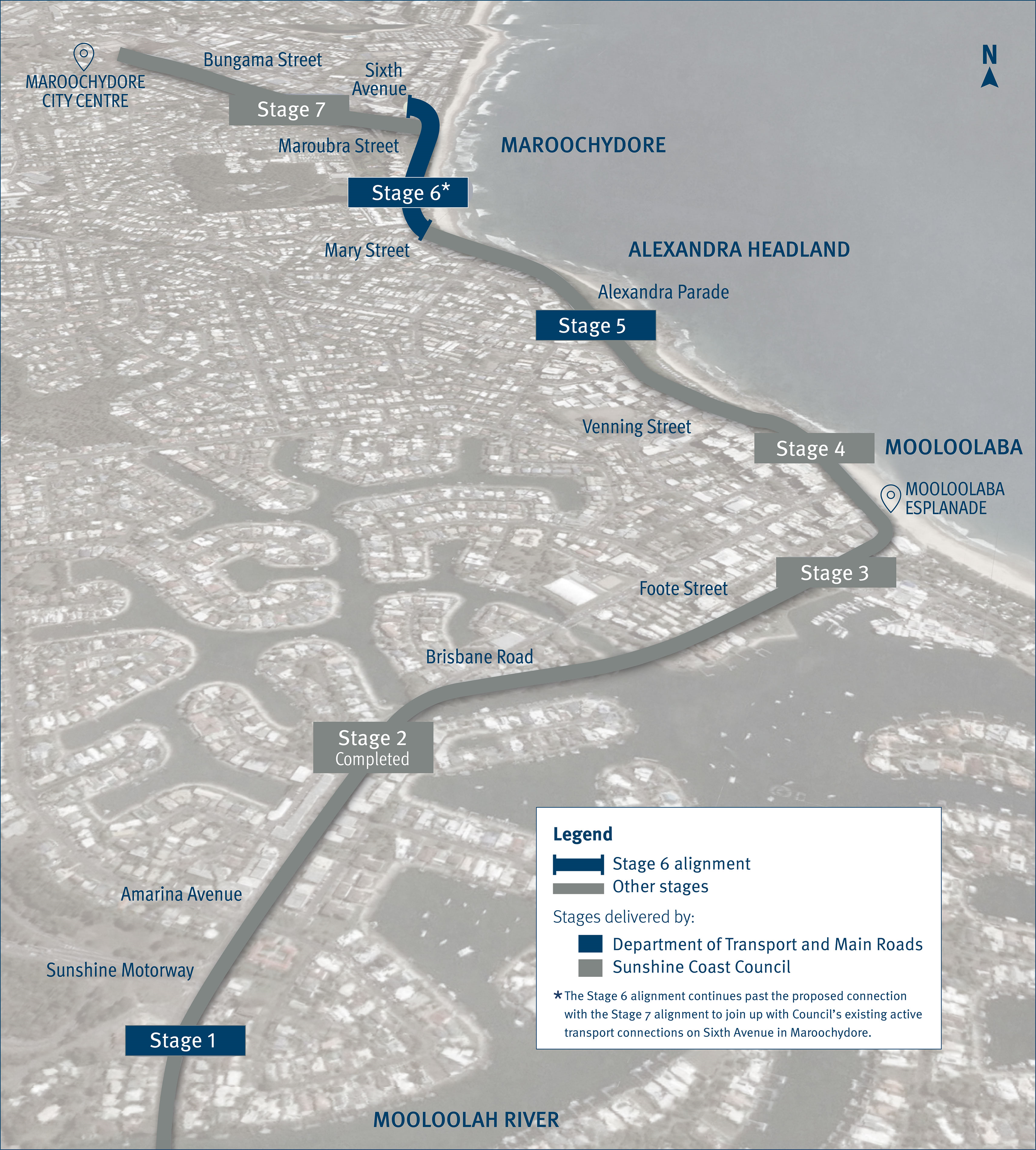 Map showing the proposed alignment for Mooloolaba to Maroochydore Cycleway