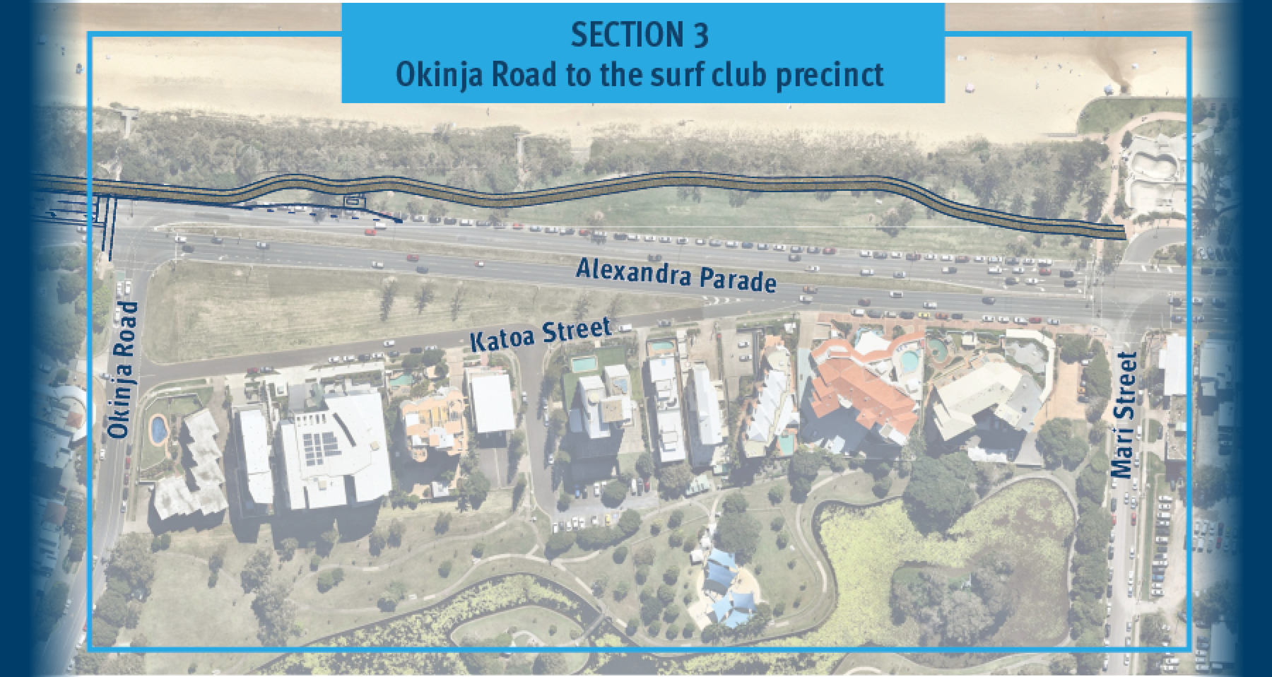Map of proposed design work on Mooloolaba to Maroochydore Cycleway section 3