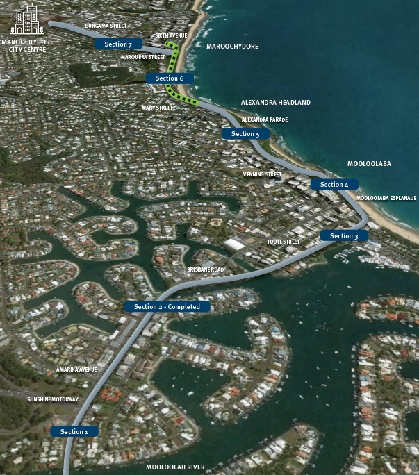 Proposed alignment of Stage 6 of the Mooloolaba to Maroochydore cycleway