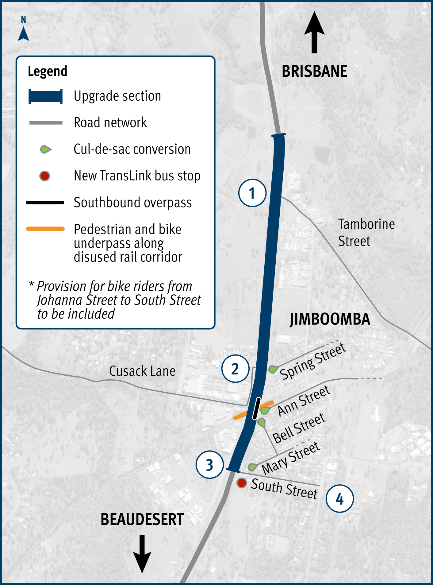 Project map with number 1-4 on it. 1 – Intersection upgrade (Johanna Street) 2 – Intersection reconfigured (Spring Street) 3 – Intersection improvements (South Street) 4 – South Street, local road improvements (council works)
