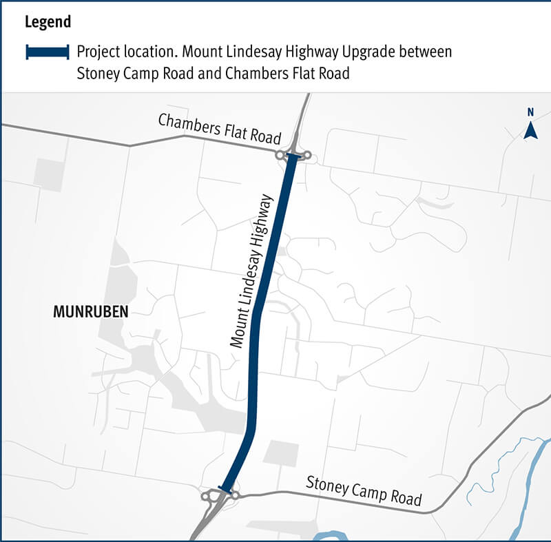 A project location map of the Mount Lindesay Highway upgrade between Stoney Camp Road and Chambers Flat Road.