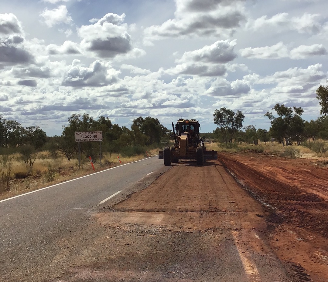 A construction vehicle performing in situ stabilisation works on Burke Developmental Road (Cloncurry to Normanton)