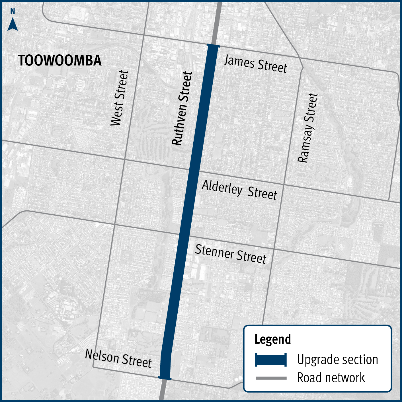 Map of project location on the New England Highway (Ruthven Street) between James Street and Nelson Street in Toowoomba