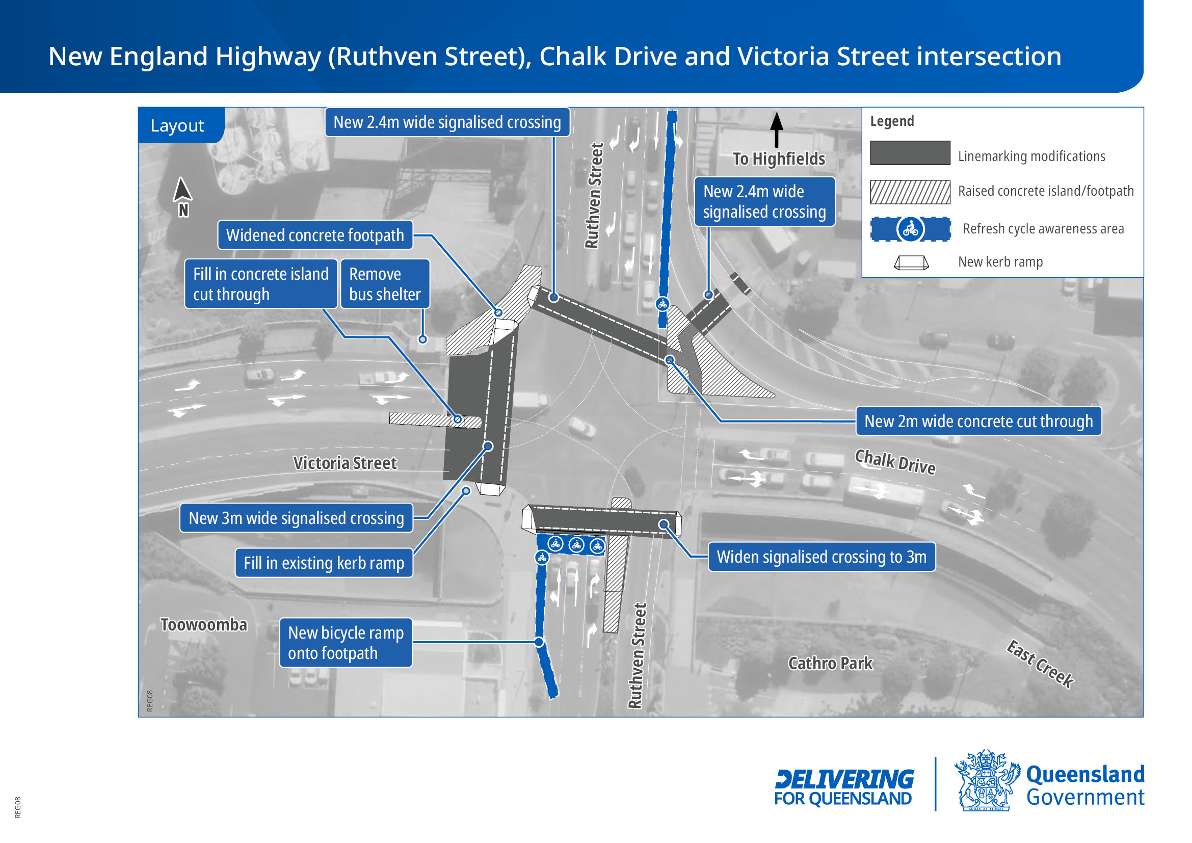 Design drawings of New England Highway Ruthven street, Chalk drive and Victoria street intersection