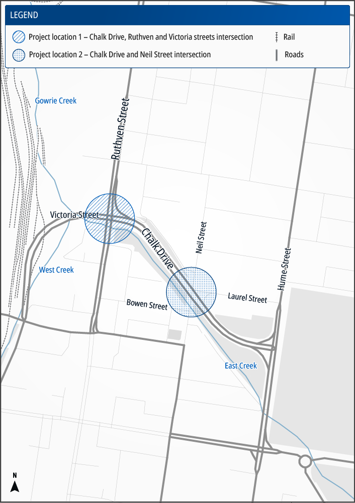 Map of the New England Highway (Yarraman – Toowoomba), Chalk Drive, Neil Street and Ruthven Street intersections project area highlighting the 2 intersections where we are investigating safety improvements for people walking and bike riding when crossing the road. 