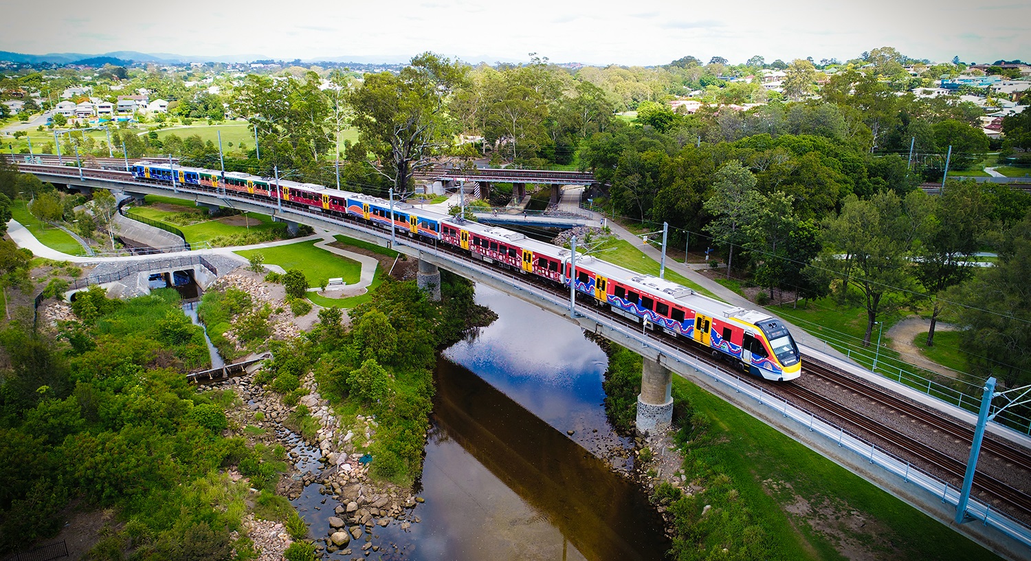 Train going over bridge