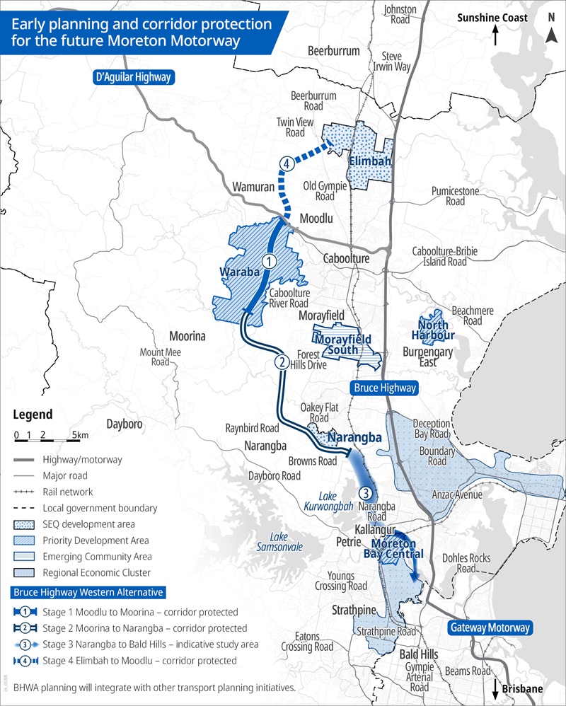 Map showing Bruce Highway Western Alternative planning stages