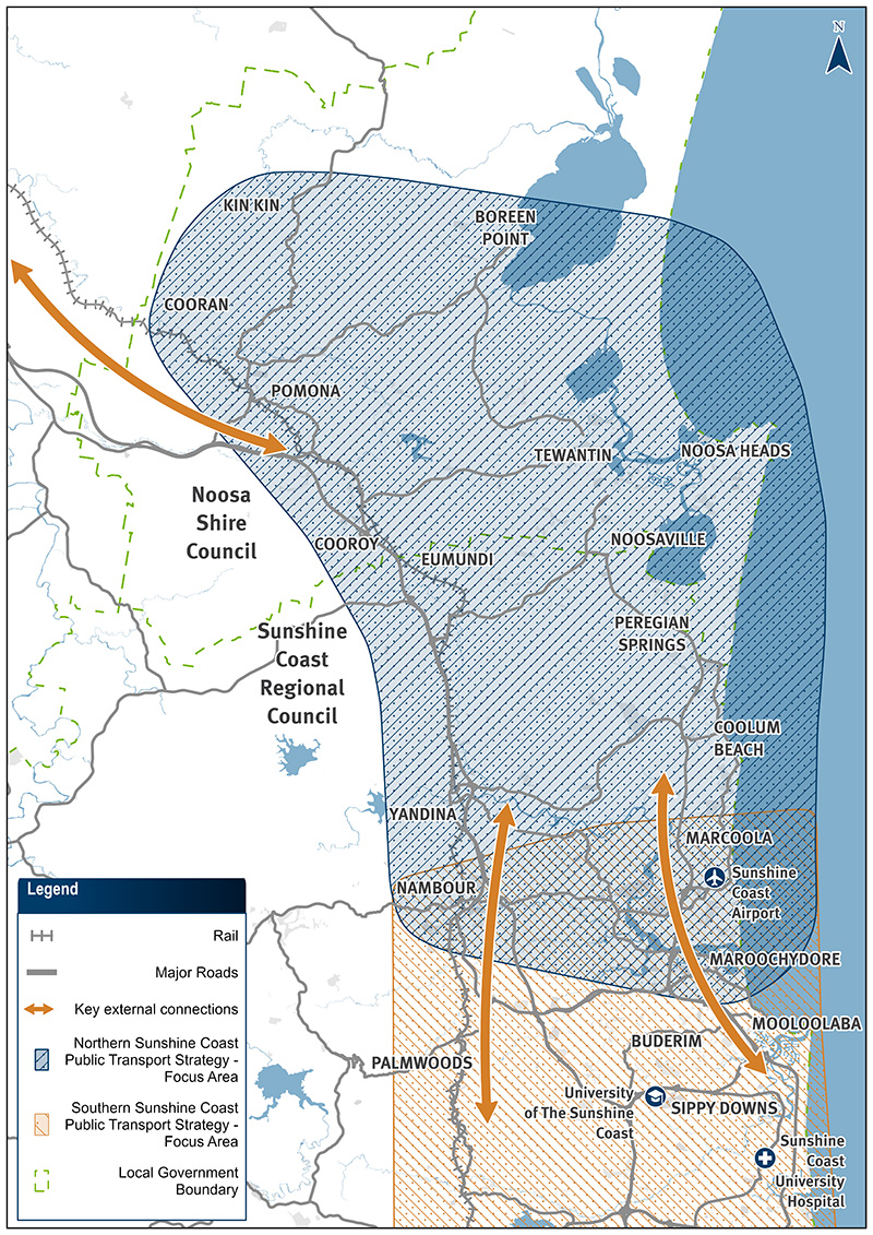 Map highlighting the project focus area from Maroochydore and Nambour in the South to Boreen Point and Kin Kin in the North. Key locations within the study area are shown including train stations and Sunshine Coast Airport. The study area overlaps with the existing Southern Sunshine Coast Public Transport Strategy around Maroochydore and Nambour.