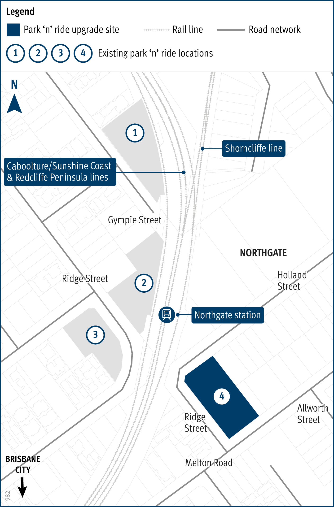 The map shows Northgate station and the surrounding streets and parking area. The station is on the Shorncliffe line and the Caboolture/Sunshine Coast and Redcliffe Peninsula lines.
The surrounding streets include Gympie Street Ridge Street, Holland Street, Ridge Street, Melton Road and Allworth Street. There are 4 existing park 'n' ride locations near the station.