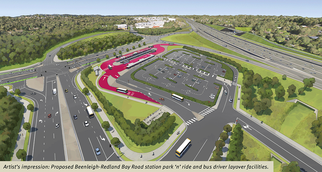Artist impression of aerial view of proposed Beenleigh-Redland Bay Road station park 'n' ride and bus driver layover facilities