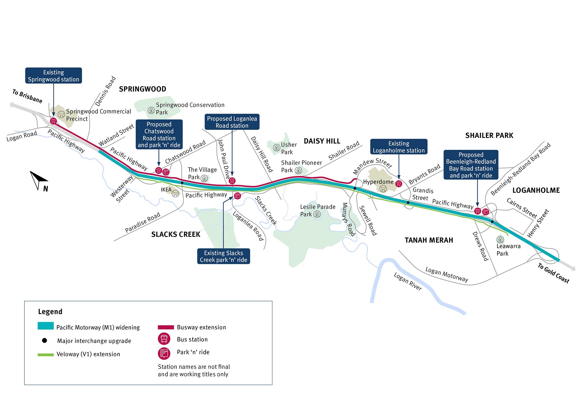 Schematic map showing Pacific Motorway (M1) – Daisy Hill to Logan Motorway upgrade