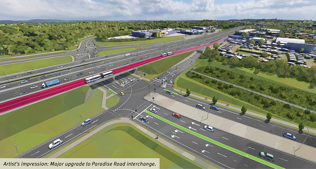 Artist impression of aerial view of proposed major upgrade to Paradise Road interchange