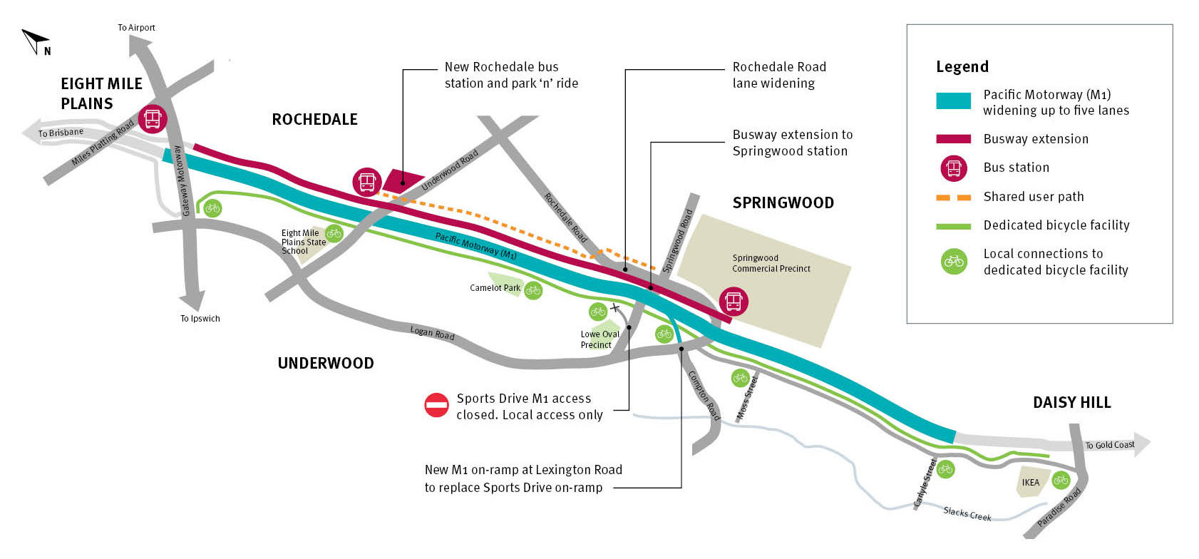 Schematic drawing highlighting upgrade features for the Pacific Motorway (M1), Eight Mile Plains to Daisy Hill, widen and extend busway project.