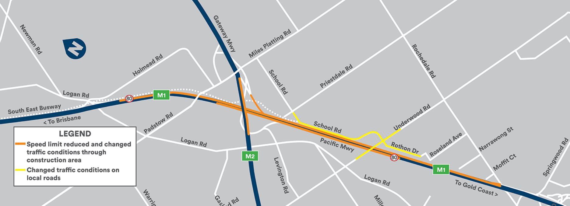 M1 M3 Gateway merge to the Pacific Motorway project map