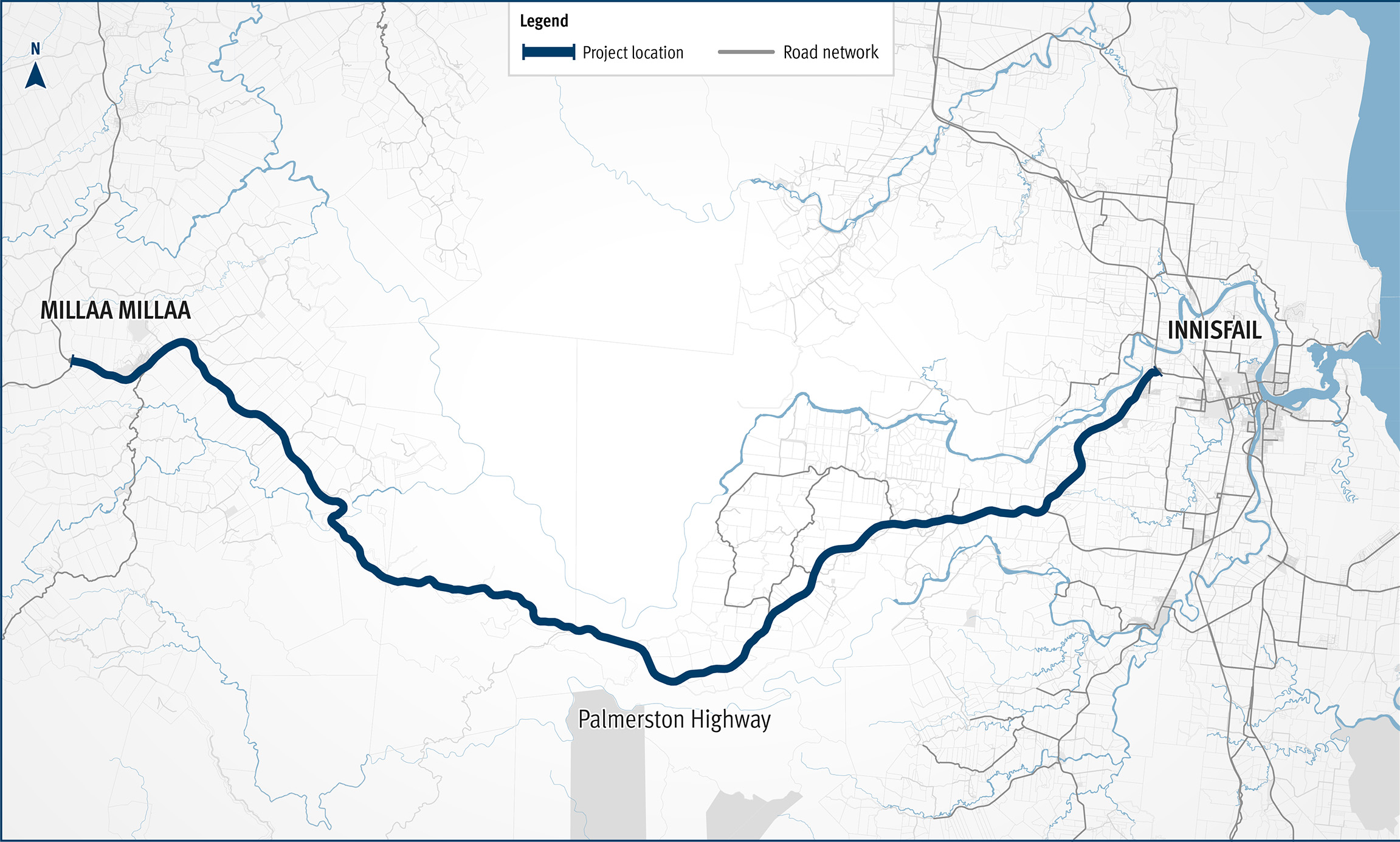 This is a map of Palmerston Highway starting near Innisfail in the east to Millaa Millaa in the west.